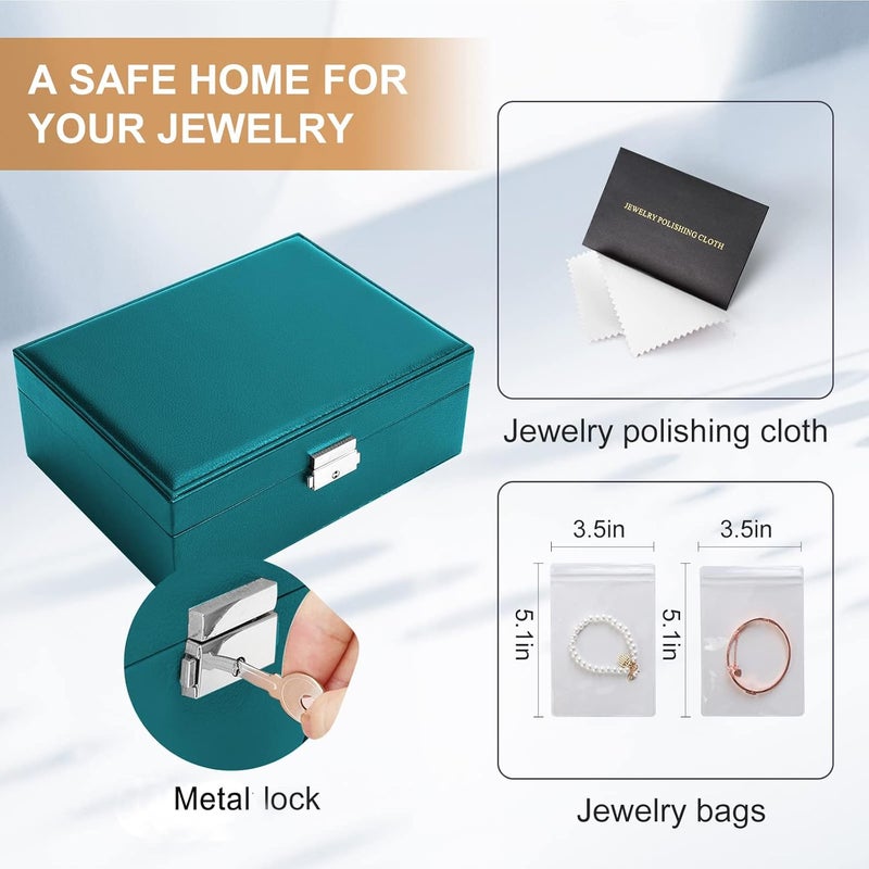 Sanikeon Jewelry Organizer Box Leather Jewelry Box for Girls Womens Earring Organizer with Lock Double Layers Jewelry Case Removable Tray for Necklace Earring Ring with Polishing Cloth and Jewelry Bags - Image 4